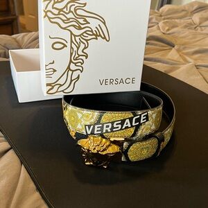 Versace Black and Gold Men's Belt with Medusa Buckle